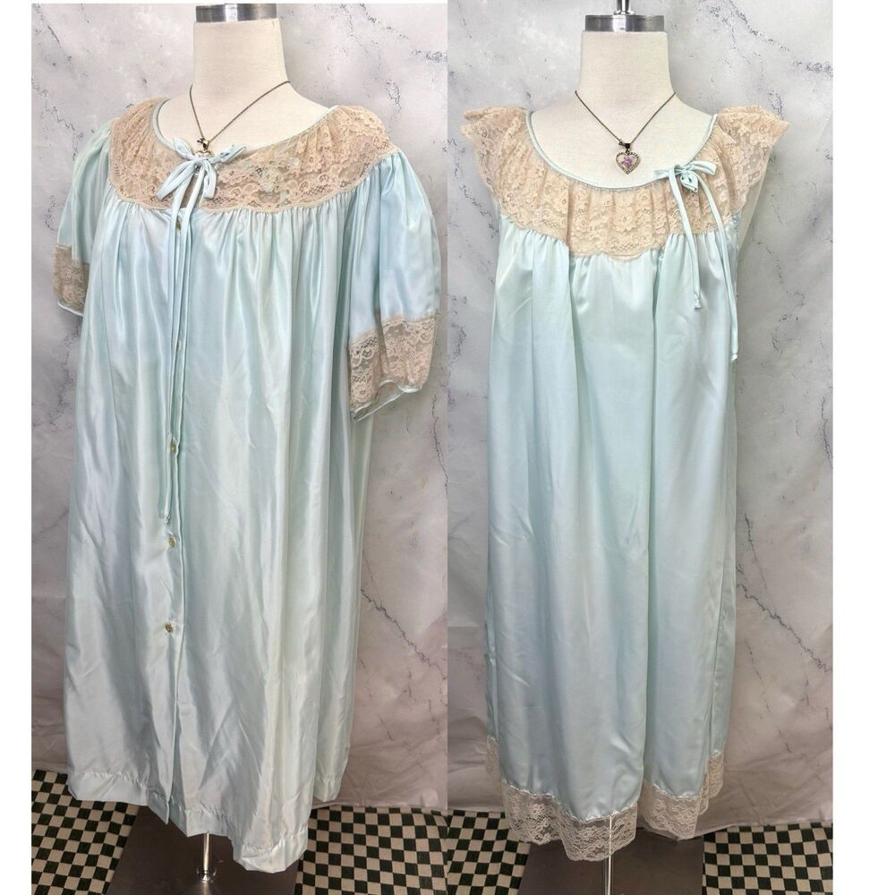 Vintage 40s Peignoir Robe & Nightgown Slip Set Blue Satin M Ethereal Coquette 🩵